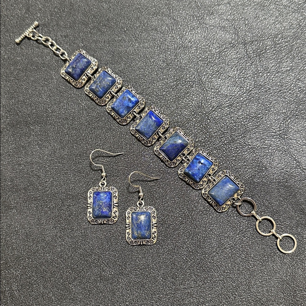 Blue Lapis Lazuli Link Bracelet & Pierced Earring Set